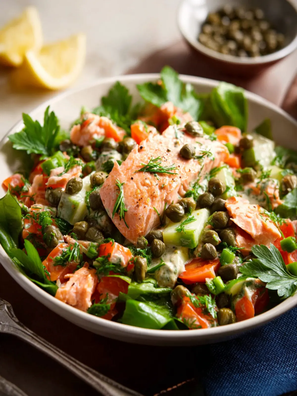 Salmon Salad with Fresh Vegetables, Parsley, and Capers First Image